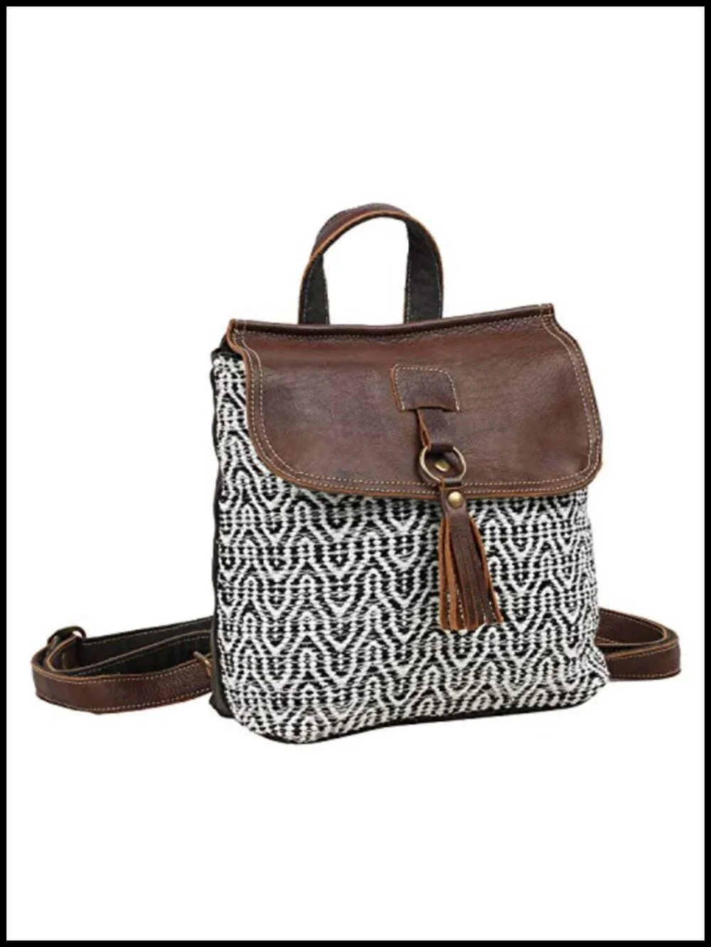 Canvas Geometric Boho Hobo Bag with Buffalo Leather Strap